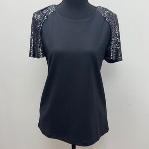 NWT Ann Taylor‎ Black Top with Sequin Sleeves Womens Size S Party Blouse